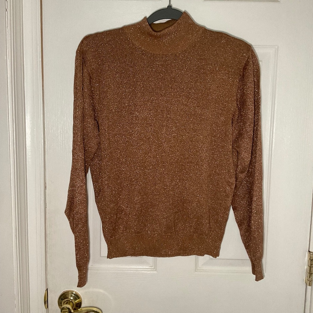 Talbots Metallic Brown Medium Shiny Long Sleeve Short Turtle Neck